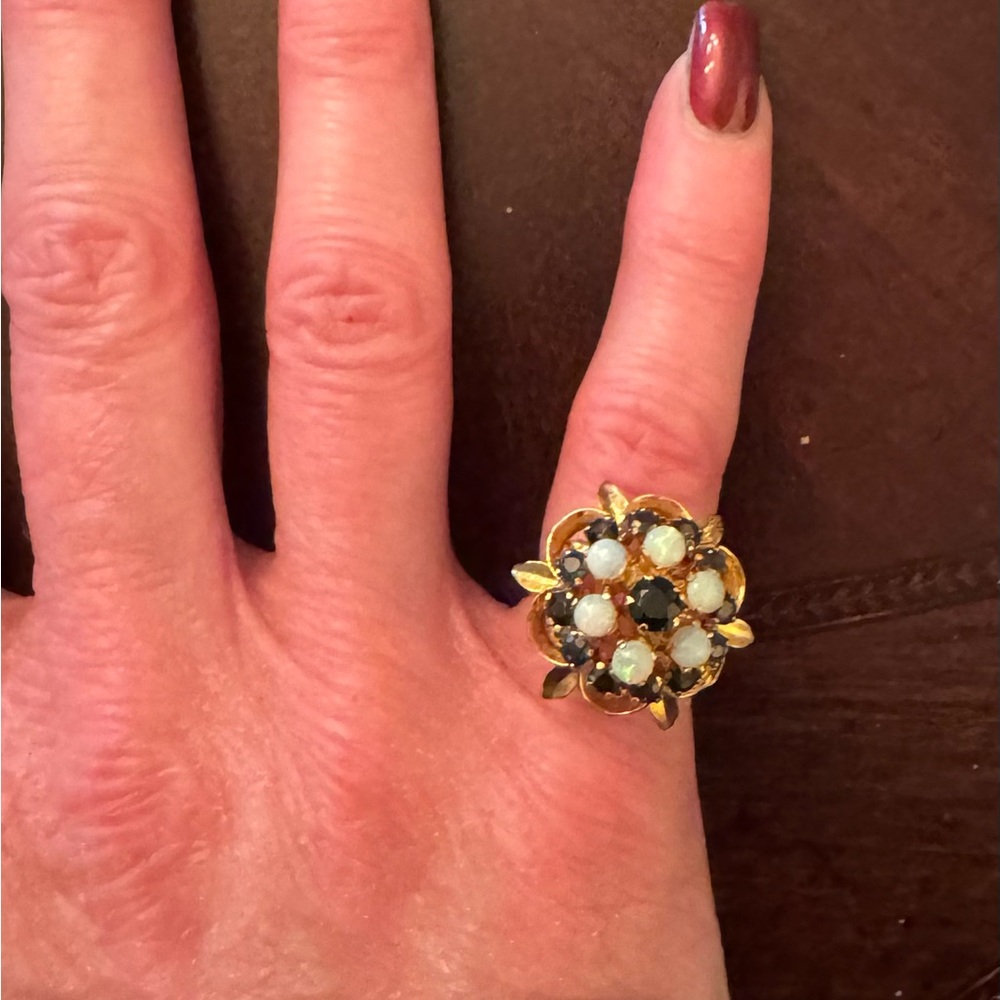 Elegant 14K Gold Sapphire & Opal Floral Ring - Picture 4 of 4